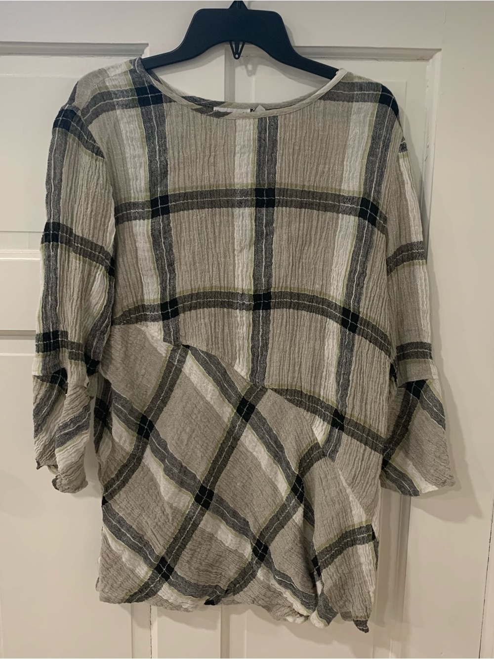 Habitat Gauzy Linen Plaid Asymmetric Button Sleeve Shirt Tunic Lagenlook Size‎ L